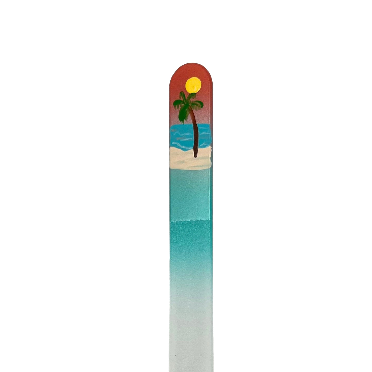 coral and teal glass nail file with hand painted palm tree