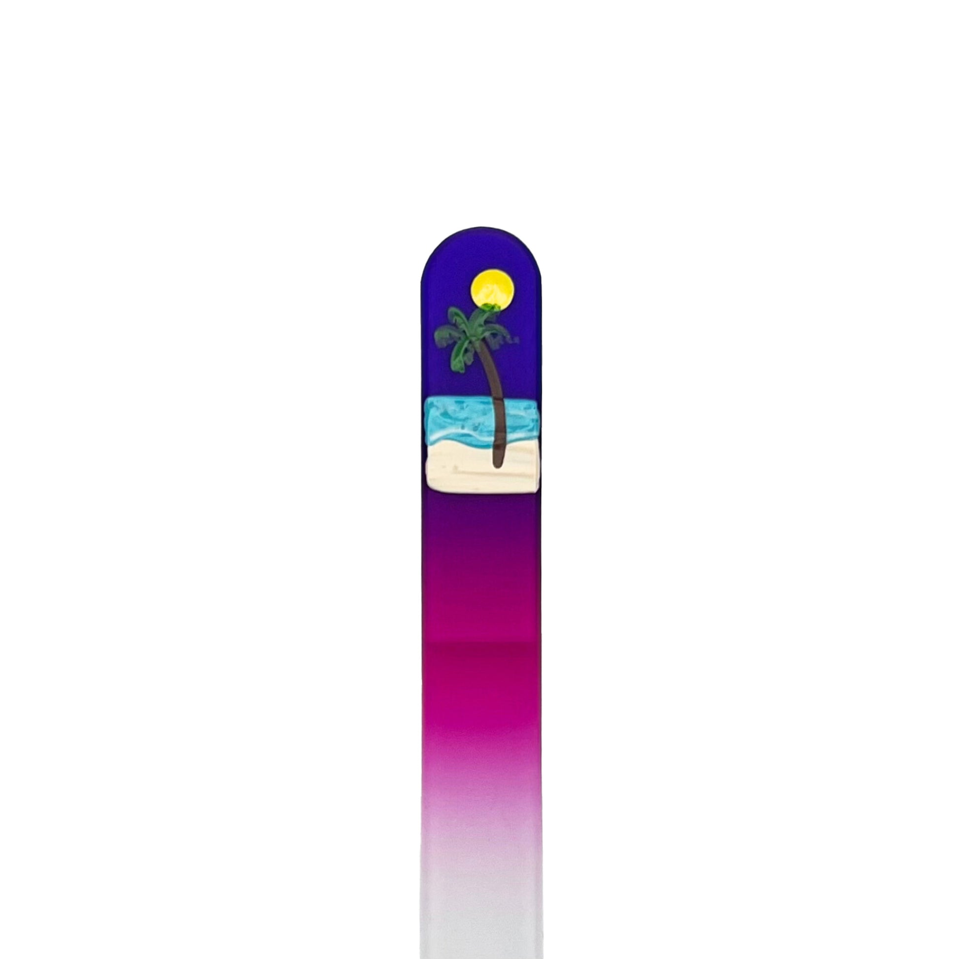 purple and pink glass nail file with hand painted palm tree