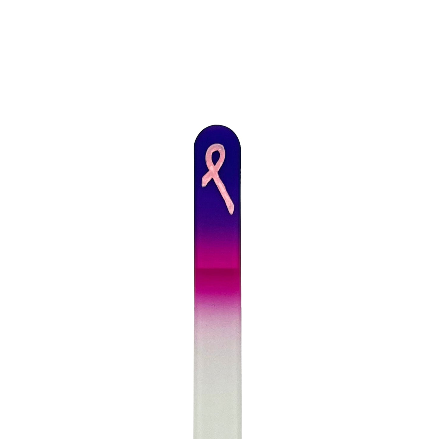 purple and pink glass nail file with hand painted pink ribbon